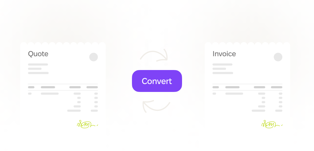 Illustration showing a quote transformed into an invoice, with a "Convert" button between them, highlighted in purple.